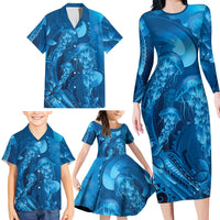 Blue Gradient Polynesia Jellyfish Family Matching Long Sleeve Bodycon Dress and Hawaiian Shirt Plumeria Polynesian Tattoo Glowing Vibes