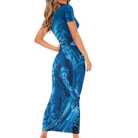 Blue Gradient Polynesia Jellyfish Family Matching Short Sleeve Bodycon Dress and Hawaiian Shirt Plumeria Polynesian Tattoo Glowing Vibes
