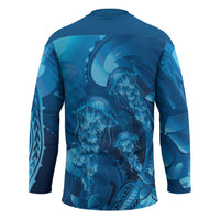 Blue Gradient Polynesia Jellyfish Hockey Jersey Plumeria Polynesian Tattoo Glowing Vibes LT14 - Polynesian Pride