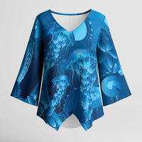 Blue Gradient Polynesia Jellyfish Kimono Sleeve Blouse Plumeria Polynesian Tattoo Glowing Vibes LT14 Female Blue - Polynesian Pride