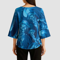 Blue Gradient Polynesia Jellyfish Kimono Sleeve Blouse Plumeria Polynesian Tattoo Glowing Vibes LT14 - Polynesian Pride