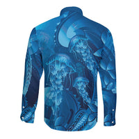 Blue Gradient Polynesia Jellyfish Long Sleeve Button Shirt Plumeria Polynesian Tattoo Glowing Vibes LT14 - Polynesian Pride