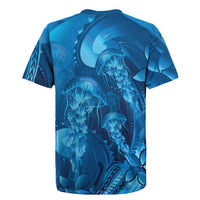 Blue Gradient Polynesia Jellyfish Rugby Jersey Plumeria Polynesian Tattoo Glowing Vibes LT14 - Polynesian Pride