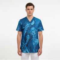 Blue Gradient Polynesia Jellyfish Scrub Top Plumeria Polynesian Tattoo Glowing Vibes LT14 - Polynesian Pride