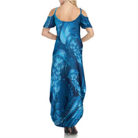 Blue Gradient Polynesia Jellyfish Summer Maxi Dress Plumeria Polynesian Tattoo Glowing Vibes LT14 - Polynesian Pride