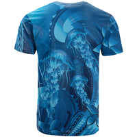 Blue Gradient Polynesia Jellyfish T Shirt Plumeria Polynesian Tattoo Glowing Vibes LT14 - Polynesian Pride