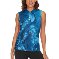 Blue Gradient Polynesia Jellyfish Women Sleeveless Polo Shirt Plumeria Polynesian Tattoo Glowing Vibes LT14 - Polynesian Pride