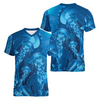 Blue Gradient Polynesia Jellyfish Women V-Neck T-Shirt Plumeria Polynesian Tattoo Glowing Vibes LT14 - Polynesian Pride