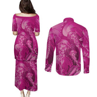 Pink Gradient Polynesia Jellyfish Couples Matching Puletasi and Long Sleeve Button Shirt Plumeria Polynesian Tattoo Glowing Vibes LT14 - Polynesian Pride