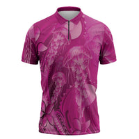 Pink Gradient Polynesia Jellyfish Zipper Polo Shirt Plumeria Polynesian Tattoo Glowing Vibes LT14 Pink - Polynesian Pride