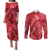 Red Gradient Polynesia Jellyfish Couples Matching Puletasi and Long Sleeve Button Shirt Plumeria Polynesian Tattoo Glowing Vibes LT14 Red - Polynesian Pride