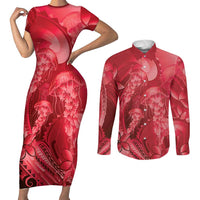 Red Gradient Polynesia Jellyfish Couples Matching Short Sleeve Bodycon Dress and Long Sleeve Button Shirt Plumeria Polynesian Tattoo Glowing Vibes