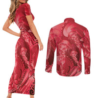 Red Gradient Polynesia Jellyfish Couples Matching Short Sleeve Bodycon Dress and Long Sleeve Button Shirt Plumeria Polynesian Tattoo Glowing Vibes