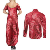 Red Gradient Polynesia Jellyfish Couples Matching Summer Maxi Dress and Long Sleeve Button Shirt Plumeria Polynesian Tattoo Glowing Vibes LT14 - Polynesian Pride