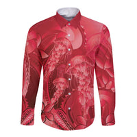Red Gradient Polynesia Jellyfish Long Sleeve Button Shirt Plumeria Polynesian Tattoo Glowing Vibes LT14 Unisex Red - Polynesian Pride