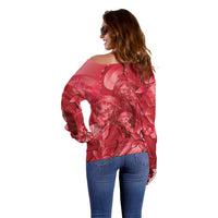 Red Gradient Polynesia Jellyfish Off Shoulder Sweater Plumeria Polynesian Tattoo Glowing Vibes LT14 - Polynesian Pride