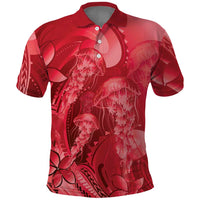 Red Gradient Polynesia Jellyfish Polo Shirt Plumeria Polynesian Tattoo Glowing Vibes LT14 Red - Polynesian Pride