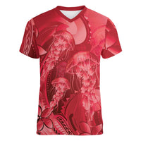 Red Gradient Polynesia Jellyfish Women V-Neck T-Shirt Plumeria Polynesian Tattoo Glowing Vibes LT14 Female Red - Polynesian Pride
