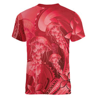 Red Gradient Polynesia Jellyfish Women V-Neck T-Shirt Plumeria Polynesian Tattoo Glowing Vibes LT14 - Polynesian Pride