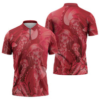 Red Gradient Polynesia Jellyfish Zipper Polo Shirt Plumeria Polynesian Tattoo Glowing Vibes LT14 - Polynesian Pride
