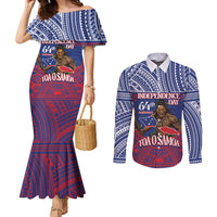 Personalised Samoa Independence Day Couples Matching Mermaid Dress and Long Sleeve Button Shirt 64th Anniversary Toa O Samoa LT14 Blue - Polynesian Pride