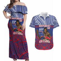 Personalised Samoa Independence Day Couples Matching Off Shoulder Maxi Dress and Hawaiian Shirt 64th Anniversary Toa O Samoa