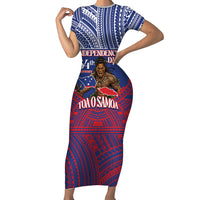 Personalised Samoa Independence Day Short Sleeve Bodycon Dress 64th Anniversary Toa O Samoa LT14 Long Dress Blue - Polynesian Pride