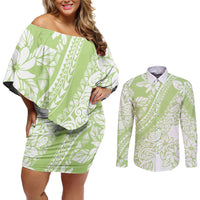 Polynesian Tiare Flower Sage Green Pastel Couples Matching Off Shoulder Short Dress and Long Sleeve Button Shirt LT14 Sage Green - Polynesian Pride