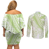 Polynesian Tiare Flower Sage Green Pastel Couples Matching Off Shoulder Short Dress and Long Sleeve Button Shirt LT14 - Polynesian Pride