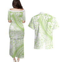 Polynesian Tiare Flower Sage Green Pastel Couples Matching Puletasi and Hawaiian Shirt LT14 - Polynesian Pride