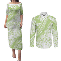 Polynesian Tiare Flower Sage Green Pastel Couples Matching Puletasi and Long Sleeve Button Shirt LT14 Sage Green - Polynesian Pride