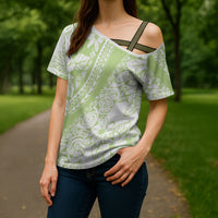Polynesian Tiare Flower Sage Green Pastel Cross Shoulder Shirt LT14 - Polynesian Pride