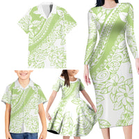 Polynesian Tiare Flower Sage Green Pastel Family Matching Long Sleeve Bodycon Dress and Hawaiian Shirt