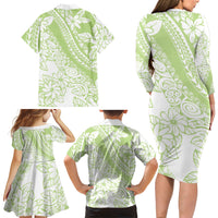 Polynesian Tiare Flower Sage Green Pastel Family Matching Long Sleeve Bodycon Dress and Hawaiian Shirt
