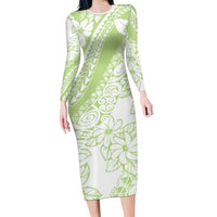 Polynesian Tiare Flower Sage Green Pastel Family Matching Long Sleeve Bodycon Dress and Hawaiian Shirt