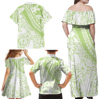 Polynesian Tiare Flower Sage Green Pastel Family Matching Off Shoulder Maxi Dress and Hawaiian Shirt