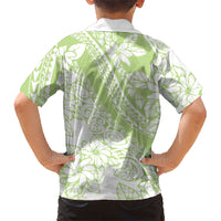 Polynesian Tiare Flower Sage Green Pastel Family Matching Off Shoulder Short Dress and Hawaiian Shirt