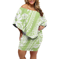 Polynesian Tiare Flower Sage Green Pastel Family Matching Off Shoulder Short Dress and Hawaiian Shirt