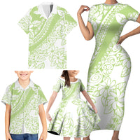 Polynesian Tiare Flower Sage Green Pastel Family Matching Short Sleeve Bodycon Dress and Hawaiian Shirt