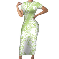 Polynesian Tiare Flower Sage Green Pastel Family Matching Short Sleeve Bodycon Dress and Hawaiian Shirt