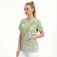 Polynesian Tiare Flower Sage Green Pastel Scrub Top LT14 - Polynesian Pride