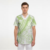 Polynesian Tiare Flower Sage Green Pastel Scrub Top LT14 - Polynesian Pride