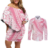 Polynesian Tiare Flower Pink Pastel Vibes Couples Matching Off Shoulder Short Dress and Long Sleeve Button Shirt LT14 Pink - Polynesian Pride