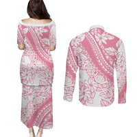 Polynesian Tiare Flower Pink Pastel Vibes Couples Matching Puletasi and Long Sleeve Button Shirt LT14 - Polynesian Pride