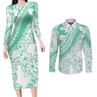 Polynesian Tiare Flower Cyan Pastel Vibes Couples Matching Long Sleeve Bodycon Dress and Long Sleeve Button Shirt