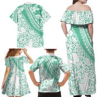 Polynesian Tiare Flower Cyan Pastel Vibes Family Matching Off Shoulder Maxi Dress and Hawaiian Shirt