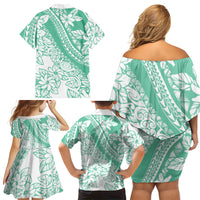 Polynesian Tiare Flower Cyan Pastel Vibes Family Matching Off Shoulder Short Dress and Hawaiian Shirt