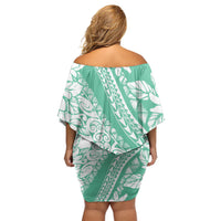 Polynesian Tiare Flower Cyan Pastel Vibes Family Matching Off Shoulder Short Dress and Hawaiian Shirt