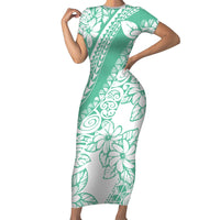 Polynesian Tiare Flower Cyan Pastel Vibes Family Matching Short Sleeve Bodycon Dress and Hawaiian Shirt