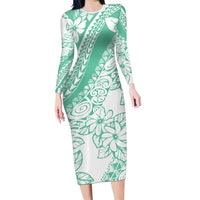 Polynesian Tiare Flower Cyan Pastel Vibes Long Sleeve Bodycon Dress LT14 Long Dress Cyan - Polynesian Pride